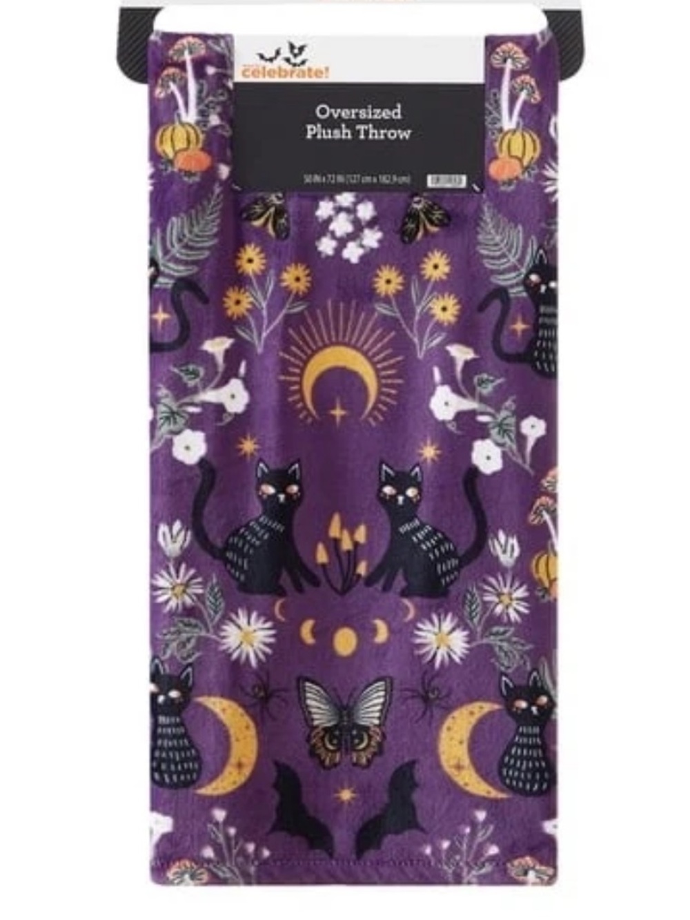 Halloween Black Cat, Butterfly, Bats & Spiders Floral Throw Blanket. NWT